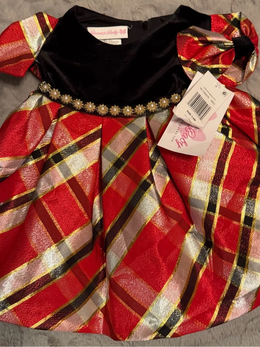 Bonnie baby girls 3-6 mo. Sparkling Red Plaid Dress with velvet bodice! New!